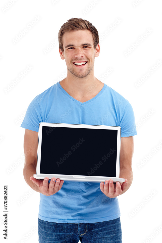 Man, portrait and laptop with screen in studio for social media advertisement, internet announcement and happy. Mockup space, person and technology for website marketing and smile on white background Man, portrait and laptop with screen in studio for social media advertisement, internet announcement and happy. Mockup space, person and technology for website marketing and smile on white background