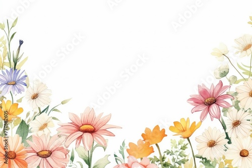 watercolor of gerbera daisy flowers frame, botanical border, romantic gerbera daisy flowers.  Floral frame illustration. Floral banner, background, card with copy space.