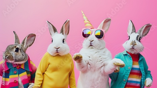 Trendy rabbits in bright ensembles celebrating on a pink background