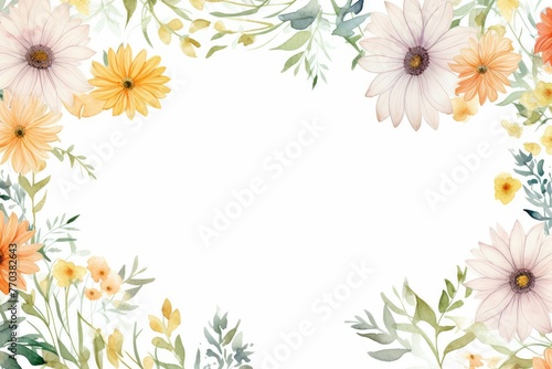 watercolor of gerbera daisy flowers frame, botanical border, romantic gerbera daisy flowers.  Floral frame illustration. Floral banner, background, card with copy space. © JR BEE