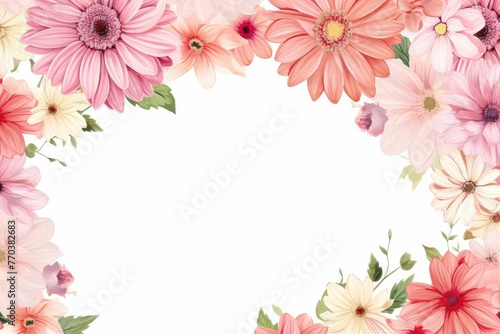 watercolor of gerbera daisy flowers frame, botanical border, romantic gerbera daisy flowers.  Floral frame illustration. Floral banner, background, card with copy space.