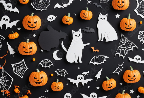 Modern paper cut flat lay with black halloween background. Cartoon character colorful background