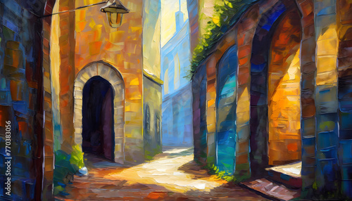  oil painting of an enigmatic alleyway, playing with the interplay of light and shadow. Generative AI. © hanifa