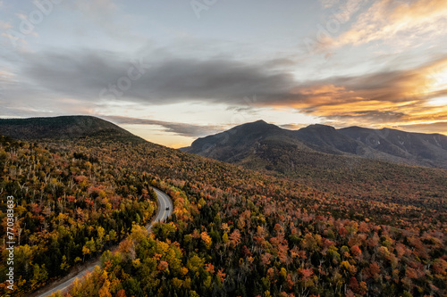 Kancamagus Highway in fall foliage at sunset, New Hampshire photo
