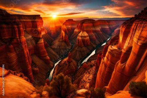 A picturesque sunset casts a warm, colorful glow on the canyon's natural beauty.