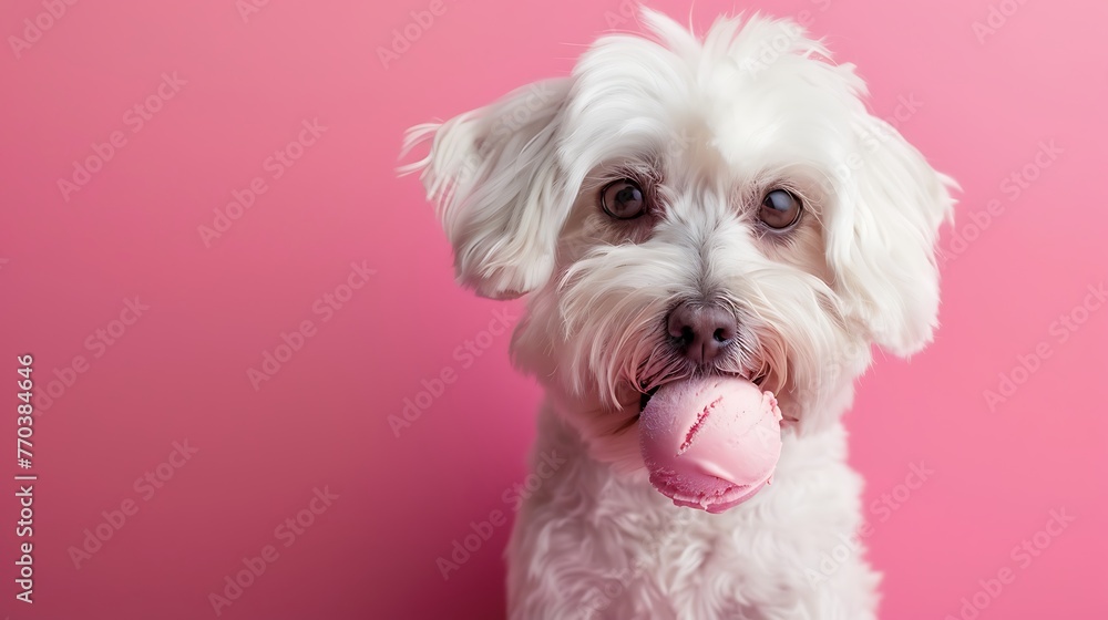 White canine licks frozen yogurt on a pink background - obrazy, fototapety, plakaty 