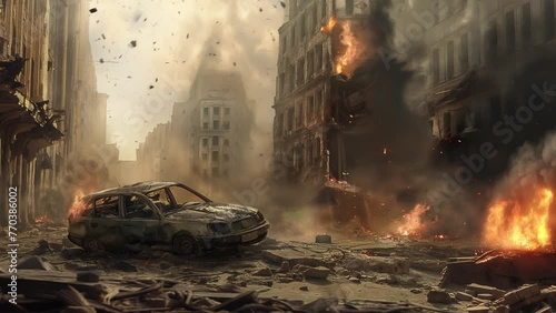 Former war atmosphere, destroyed buildings, damaged car, explotion marks and casualties seamless animation looping video 4K photo