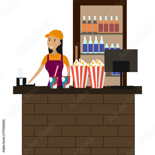 Saleswoman selling snacks at counter desk vector icon isolated on white