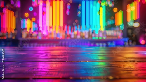miami bar background with empty wooden table for product display, indoor blurred background, colorful rainbow color bokeh lights © Boraryn