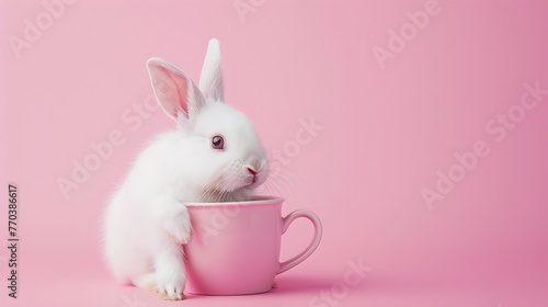 White Rabbit in Pink Cup on Pink background © Emma