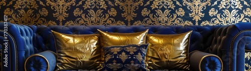 A luxury design of sofa with gold texture and royal blue background