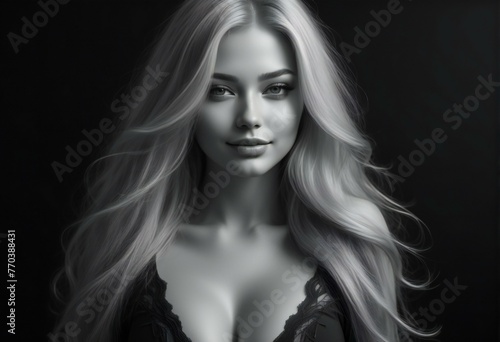 Portrait of a beautiful woman with long blond hair, Black and white photo