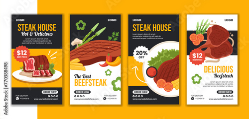 Steakhouse Social Media Stories Flat Cartoon Hand Drawn Templates Background Illustration