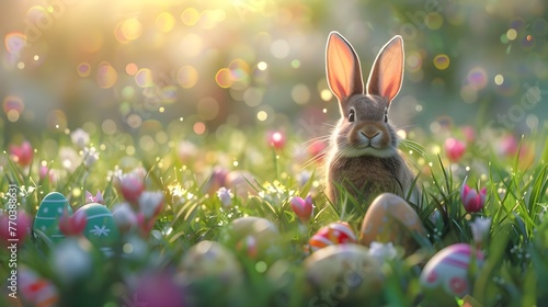 Abstract Defocused Easter Scene  Ears Bunny Behind Grass And Decorated Eggs In Flowery Field    Ears Bunny Behind Grass And Decorated Eggs In Flowery Field  generated 