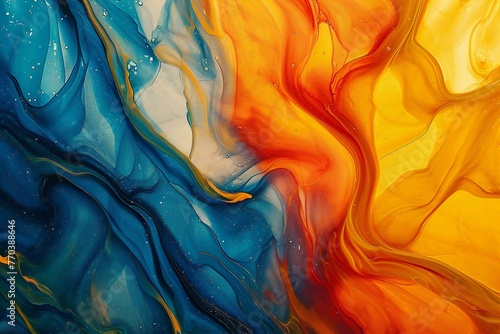 Abstract background of acrylic paint in blue and orange tones with waves and splashes