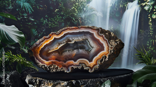 Showcasing a stunning polished agate slice, the image captures its rich, layered colors in front of a serene waterfall and tropical plants photo