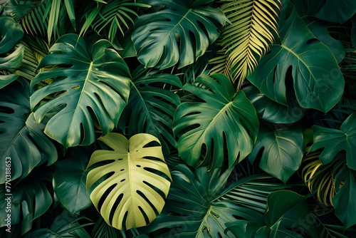 Tropical leaves background, Green leaves background, Top view