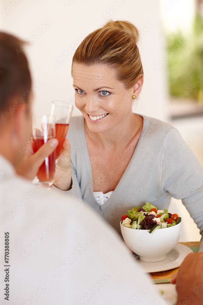 Smile, woman and salad for eating, nutrition or food at restaurant, cafe and table for date with man. Female person, happiness and girl with vegetables for health, wellness or clean diet with husband Smile, woman and salad for eating, nutrition or food at restaurant, cafe and table for date with man. Female person, happiness and girl with vegetables for health, wellness or clean diet with husband
