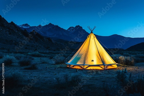 Camping in the mountains at night, The tent is illuminated by the setting sun