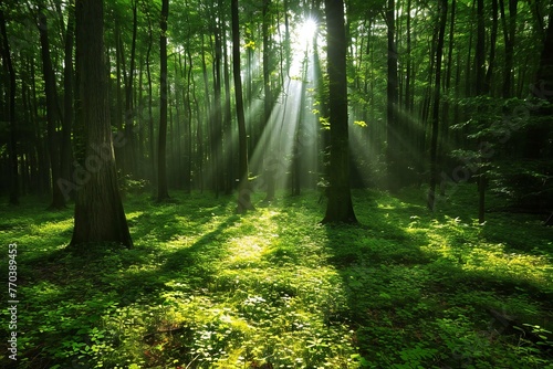 Morning in the green forest, spring time, Sun rays through the trees