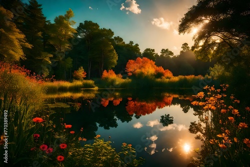 Captivating sunset over a secluded lake, framed by verdant trees and a profusion of colorful wildflowers. photo