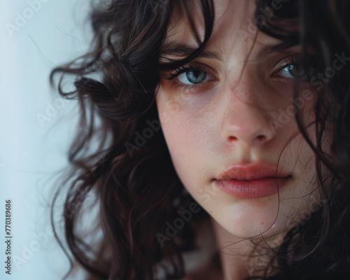 Curly haired woman portrait isolated from a white copyspace background