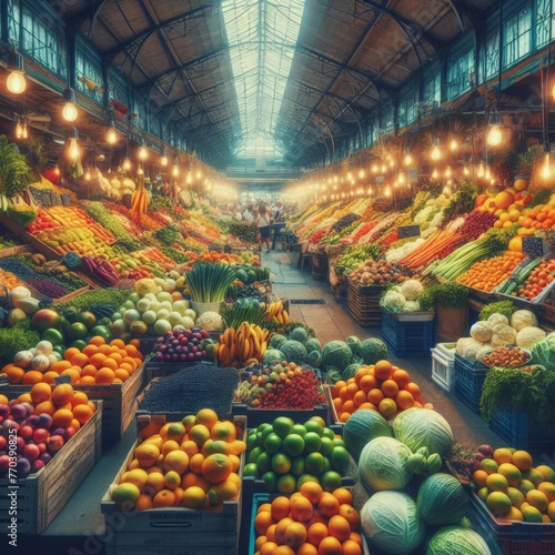 Large, covered indoor vegetable market full of produce 