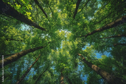 Forest trees view from below into the sky   nature green wood sunlight backgrounds