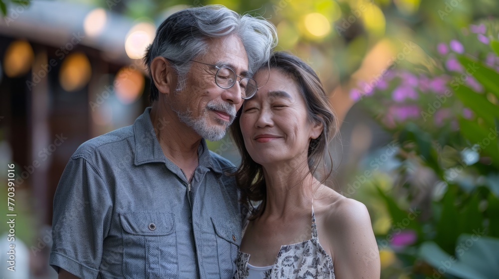 Elderly couple Asian man and woman enjoying outdoors their relationship