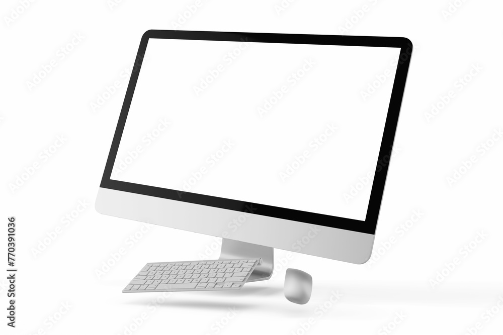 one modern tech blank lcd responsive monitor screen display desktop computer device realistic mockup template with keyboard and mouse 3d render illustration isolated floating view one modern tech blank lcd responsive monitor screen display desktop computer device realistic mockup template with keyboard and mouse 3d render illustration isolated floating view