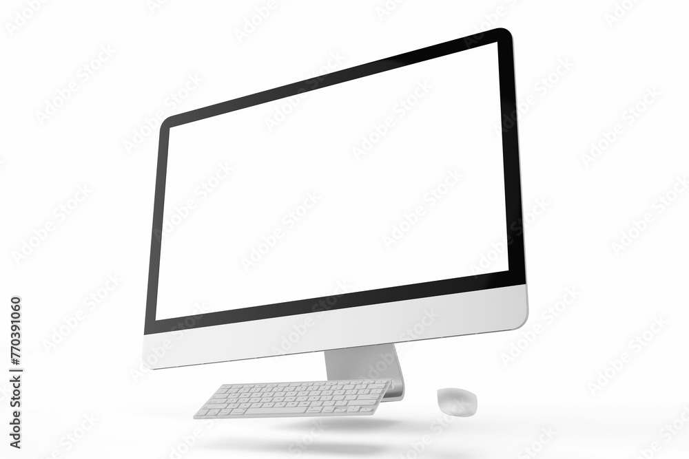 one modern tech blank lcd responsive monitor screen display desktop computer device realistic mockup template with keyboard and mouse 3d render illustration isolated floating view one modern tech blank lcd responsive monitor screen display desktop computer device realistic mockup template with keyboard and mouse 3d render illustration isolated floating view