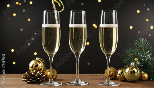 Glasses of champagne and Christmas decorations on a wooden base and a dark background with out-of-focus lights colorful background