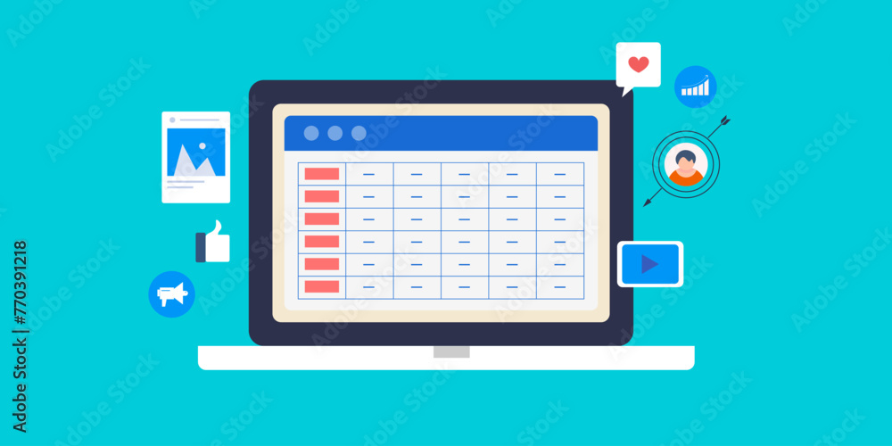 Social media marketing monthly plan schedule post and calendar, content strategy, targeting audience interest business software solution vector illustration.