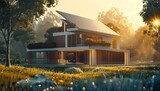 Photo of modern house with solar panels on the roof, green energy concept, photorealistic, cinematic view, natural light, sun rays and shadows