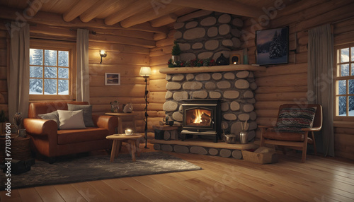 Interior of a cozy log cabin in winter with cups of coffee and tea colorful background © Fukurou