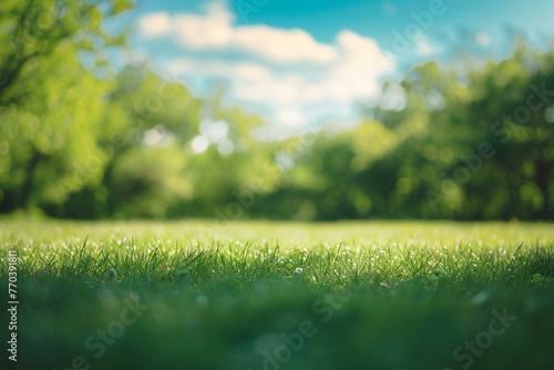 Green grass in the park with bokeh background, spring nature #770391811