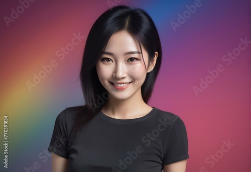 Beautiful asian woman smile with black shirt on colorful background