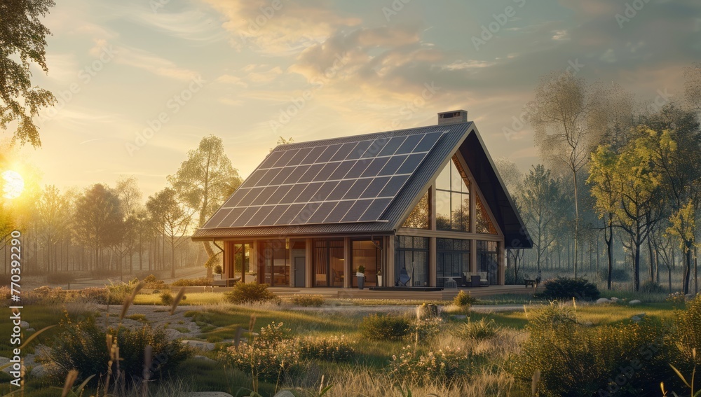 Obraz premium 3d rendering of modern house with solar panels on roof and sun light. green energy concept, photovoltaic system for sustainable future