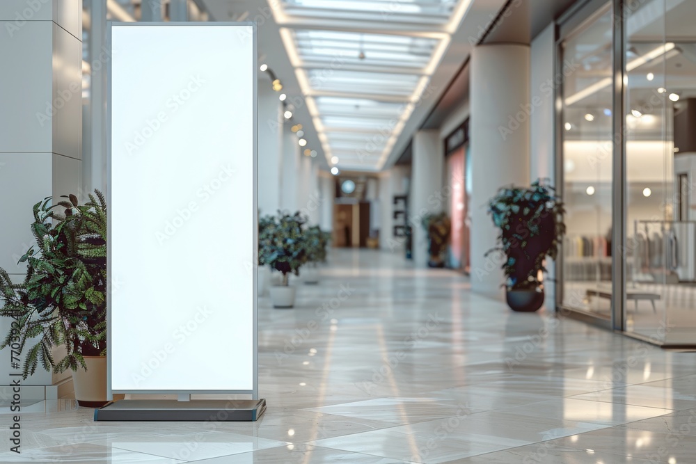 A large white sign is in a mall. copy space for advertising A large white sign is in a mall. copy space for advertising