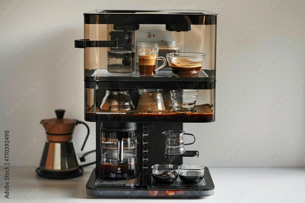 A coffee maker with a glass top and a wooden base