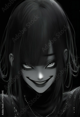 Illustration of a female vampire with black hair and black eyes
