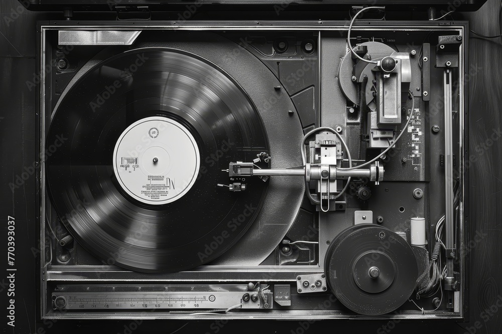 Fototapeta premium A black and white photo of a record player with a record on it