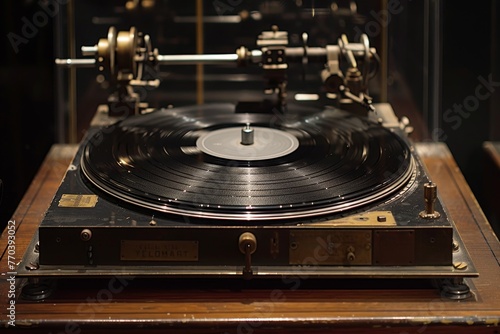 A vintage record player with a record on it