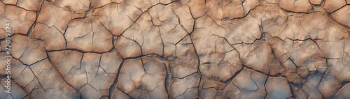 Aerial perspective of a cracked, dry riverbed in a desert expanse. photo
