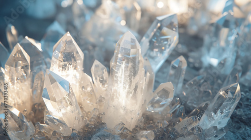 A radiant cluster of crystal points catching light, creating a magical and enchanting scene with a mystical vibe