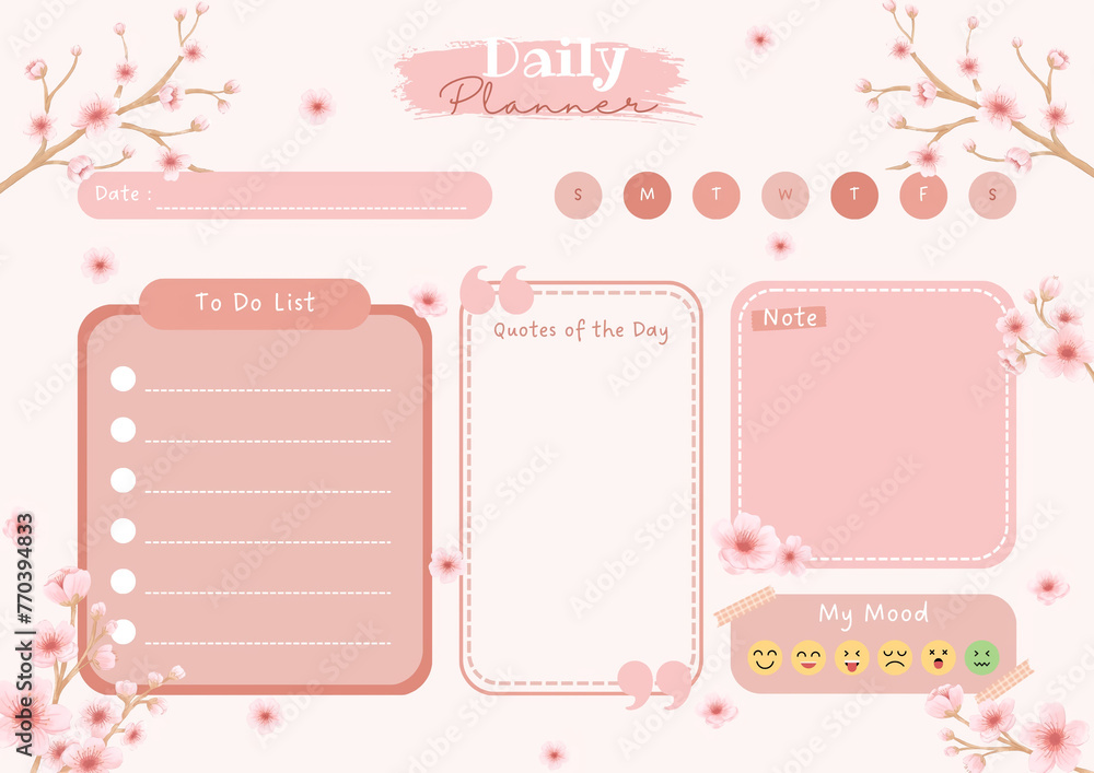 Printable Pink Sakura Themed Daily Planner with To Do List, Quotes of the Day, Notes and Mood Tracker in Landscape A4 Size