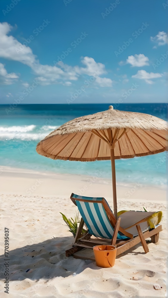 lounge chairs and umbrella on the beach with copy space