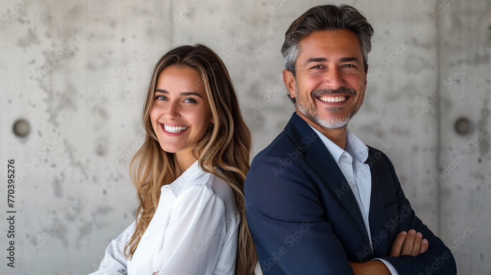Both individuals are dressed in professional business attire, with the man wearing a navy blue blazer and the woman wearing a white blouse Both individuals are dressed in professional business attire, with the man wearing a navy blue blazer and the woman wearing a white blouse
