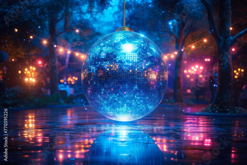 Reflective Disco Ball in a Magical Evening Setting.