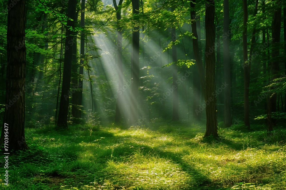 Morning in the forest with sunbeams and rays of light